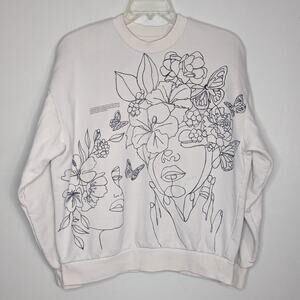 Custom Upcycled Hand-Drawn Pangaia Crewneck Sweatshirt in Off-White, Size Large
